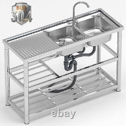 1/2/3 Compartment Commercial Kitchen Sink Prep Table with Faucet Stainless Steel