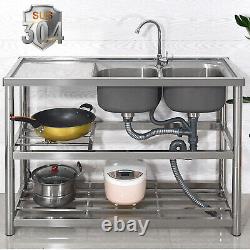 1/2/3 Compartment Commercial Kitchen Sink Prep Table with Faucet Stainless Steel