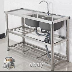 1/2/3 Compartment Commercial Kitchen Sink Prep Table with Faucet Stainless Steel