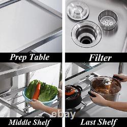 1/2/3 Compartment Commercial Kitchen Sink Prep Table with Faucet Stainless Steel