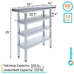 14 in. X 36 in. Stainless Steel Work Table With 3 Shelves Metal Utility Table