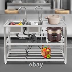 2-Compartment Commercial Kitchen Sink Prep Table with 2x Faucet Stainless Steel