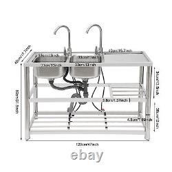 2-Compartment Commercial Kitchen Sink Prep Table with 2x Faucet Stainless Steel