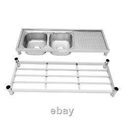 2-Compartment Commercial Kitchen Sink Prep Table with 2x Faucet Stainless Steel