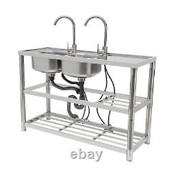 2-Compartment Commercial Kitchen Sink Prep Table with 2x Faucet Stainless Steel