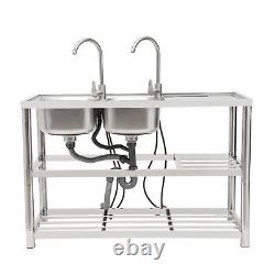 2-Compartment Commercial Kitchen Sink Prep Table with 2x Faucet Stainless Steel