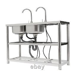 2-Compartment Commercial Kitchen Sink Prep Table with 2x Faucet Stainless Steel