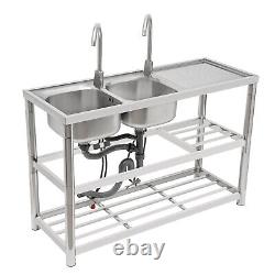 2-Compartment Commercial Kitchen Sink Prep Table with 2x Faucet Stainless Steel