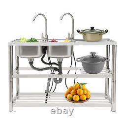 2-Compartment Commercial Kitchen Sink Prep Table with 2x Faucet Stainless Steel