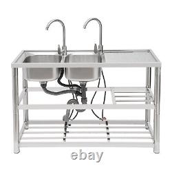 2-Compartment Commercial Kitchen Sink Prep Table with 2x Faucet Stainless Steel