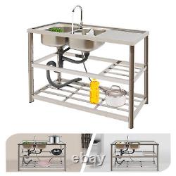 2 Compartment Commercial Kitchen Sink Prep Table with Faucet Set Stainless Steel