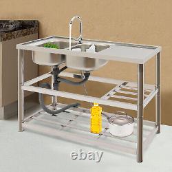 2 Compartment Commercial Kitchen Sink Prep Table with Faucet Set Stainless Steel