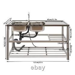 2 Compartment Commercial Kitchen Sink Prep Table with Faucet Set Stainless Steel