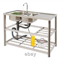 2 Compartment Commercial Kitchen Sink Prep Table with Faucet Set Stainless Steel