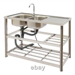 2 Compartment Commercial Kitchen Sink Prep Table with Faucet Set Stainless Steel