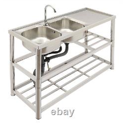 2 Compartment Commercial Kitchen Sink Prep Table with Faucet Set Stainless Steel