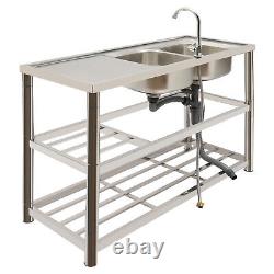 2 Compartment Commercial Kitchen Sink Prep Table with Faucet Set Stainless Steel