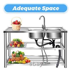 2-Compartment Commercial Kitchen Sink Stainless Steel Freestanding Sink withFaucet