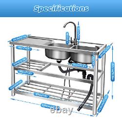 2-Compartment Commercial Kitchen Sink Stainless Steel Freestanding Sink withFaucet