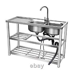 2-Compartment Commercial Kitchen Sink Stainless Steel Freestanding Sink withFaucet