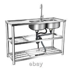 2 Compartment Commercial Kitchen Utility Sink Prep Table Stainless Steel