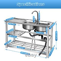 2 Compartment Commercial Kitchen Utility Sink Stainless Steel & Prep Table