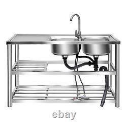 2 Compartment Commercial Kitchen Utility Sink Stainless Steel with Prep Table