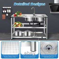 2 Compartment Commercial Sink Stainless Steel Kitchen Utility Sink + Prep Table