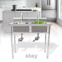 2 Compartment Commercial Sink with Double Faucet Restaurant Sink Stainless Steel