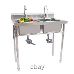 2 Compartment Commercial Sink with Double Faucet Restaurant Sink Stainless Steel