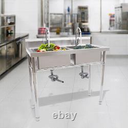 2 Compartment Commercial Sink with Double Faucet Restaurant Sink Stainless Steel