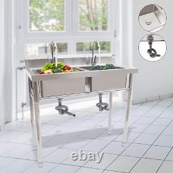 2 Compartment Commercial Sink with Double Faucet Restaurant Sink Stainless Steel