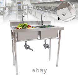 2 Compartment Commercial Sink with Double Faucet Restaurant Sink Stainless Steel