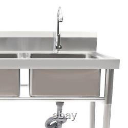 2 Compartment Commercial Sink with Double Faucet Restaurant Sink Stainless Steel