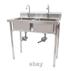 2 Compartment Commercial Sink with Double Faucet Restaurant Sink Stainless Steel