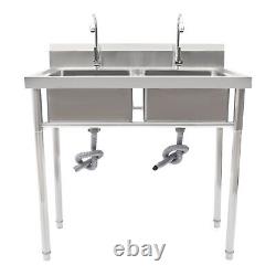 2 Compartment Commercial Sink with Double Faucet Restaurant Sink Stainless Steel