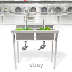 2 Compartment Commercial Sink with Double Faucet Restaurant USink Stainless Steel