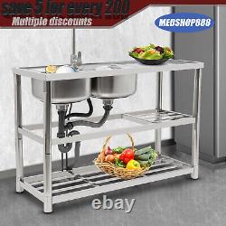 2 Compartment Commercial Stainless Steel Kitchen Sink Prep Table with Faucet USA