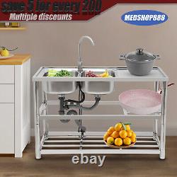 2 Compartment Commercial Stainless Steel Kitchen Sink Prep Table with Faucet USA