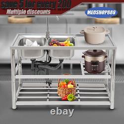 2 Compartment Commercial Stainless Steel Kitchen Sink Prep Table with Faucet USA