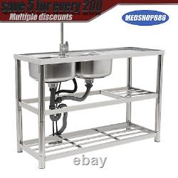 2 Compartment Commercial Stainless Steel Kitchen Sink Prep Table with Faucet USA