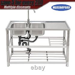 2 Compartment Commercial Stainless Steel Kitchen Sink Prep Table with Faucet USA