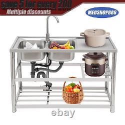 2 Compartment Commercial Stainless Steel Kitchen Sink Prep Table with Faucet USA