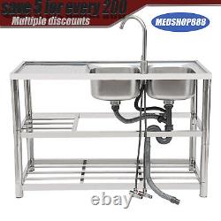 2 Compartment Commercial Stainless Steel Kitchen Sink Prep Table with Faucet USA