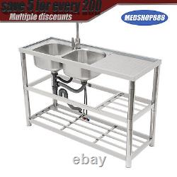 2 Compartment Commercial Stainless Steel Kitchen Sink Prep Table with Faucet USA