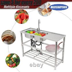 2 Compartment Commercial Stainless Steel Kitchen Sink Prep Table with Faucet USA