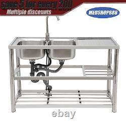 2 Compartment Commercial Stainless Steel Kitchen Sink Prep Table with Faucet USA