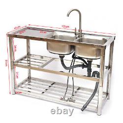 2 Compartment Kitchen Commercial Sink Utility Sink Stainless Steel + Prep Table