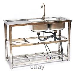 2 Compartment Kitchen Commercial Sink Utility Sink Stainless Steel + Prep Table