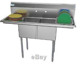 2 Compartment NSF Stainless Steel Commercial Kitchen Prep Sink 2 Drainboards